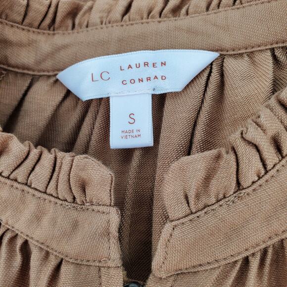 LC Lauren Conrad Small Tan Zippered Halter Ruffle Neck Crop Jumpsuit Pre Owned - Picture 6 of 9